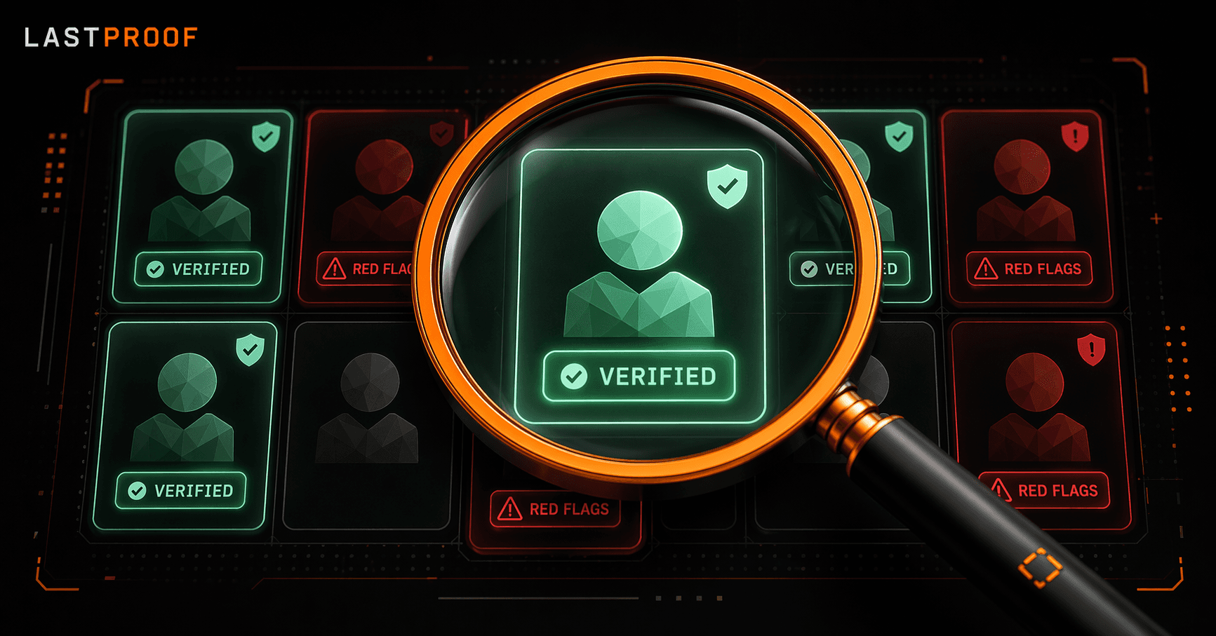 lastproof blog cover for finding legit crypto marketers without an agency, black background with orange and mint green lastproof wordmark