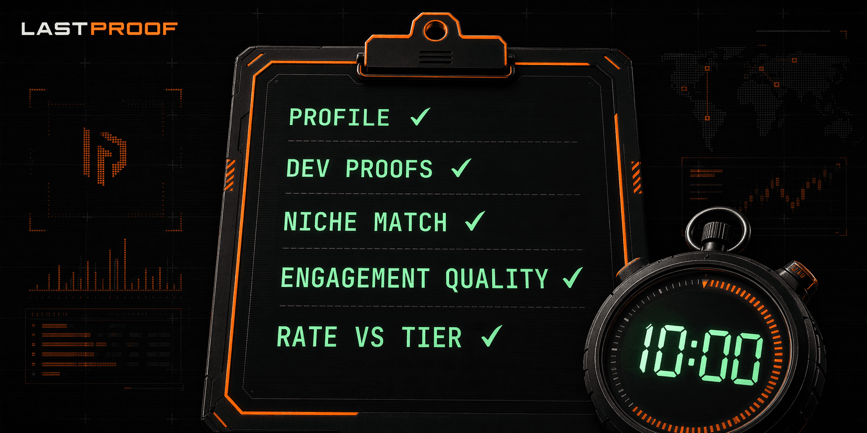 lastproof blog cover for how to vet a crypto kol before paying them, black background with orange and mint green lastproof wordmark