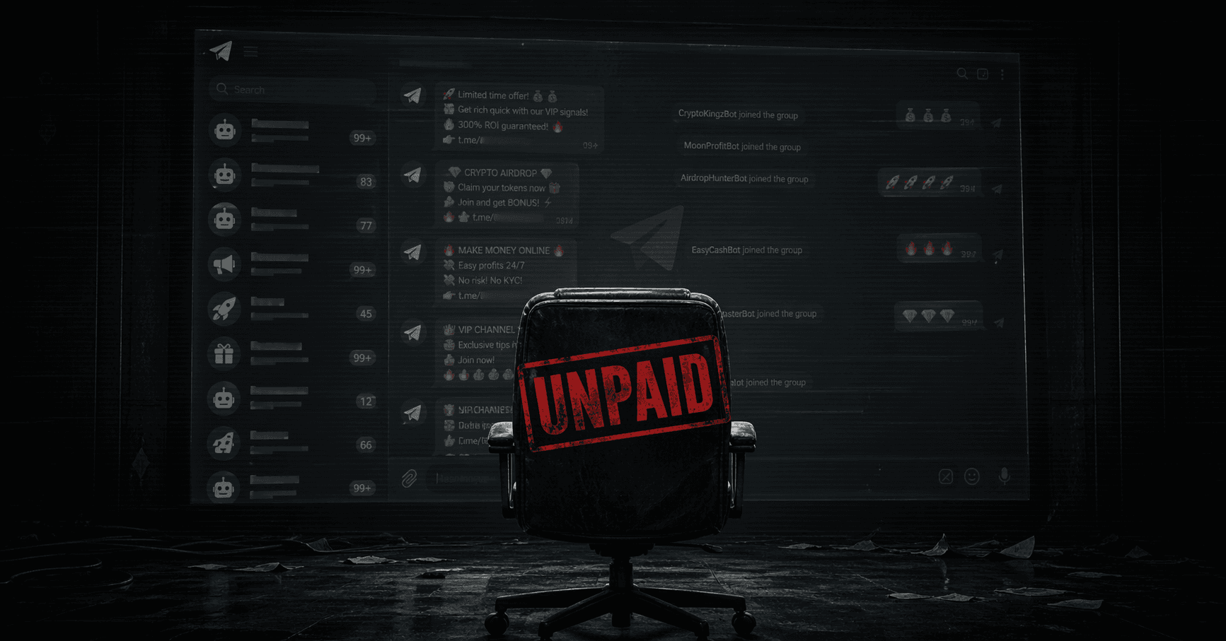 lastproof blog cover for telegram mods getting stiffed in crypto, black background with orange and mint green lastproof wordmark