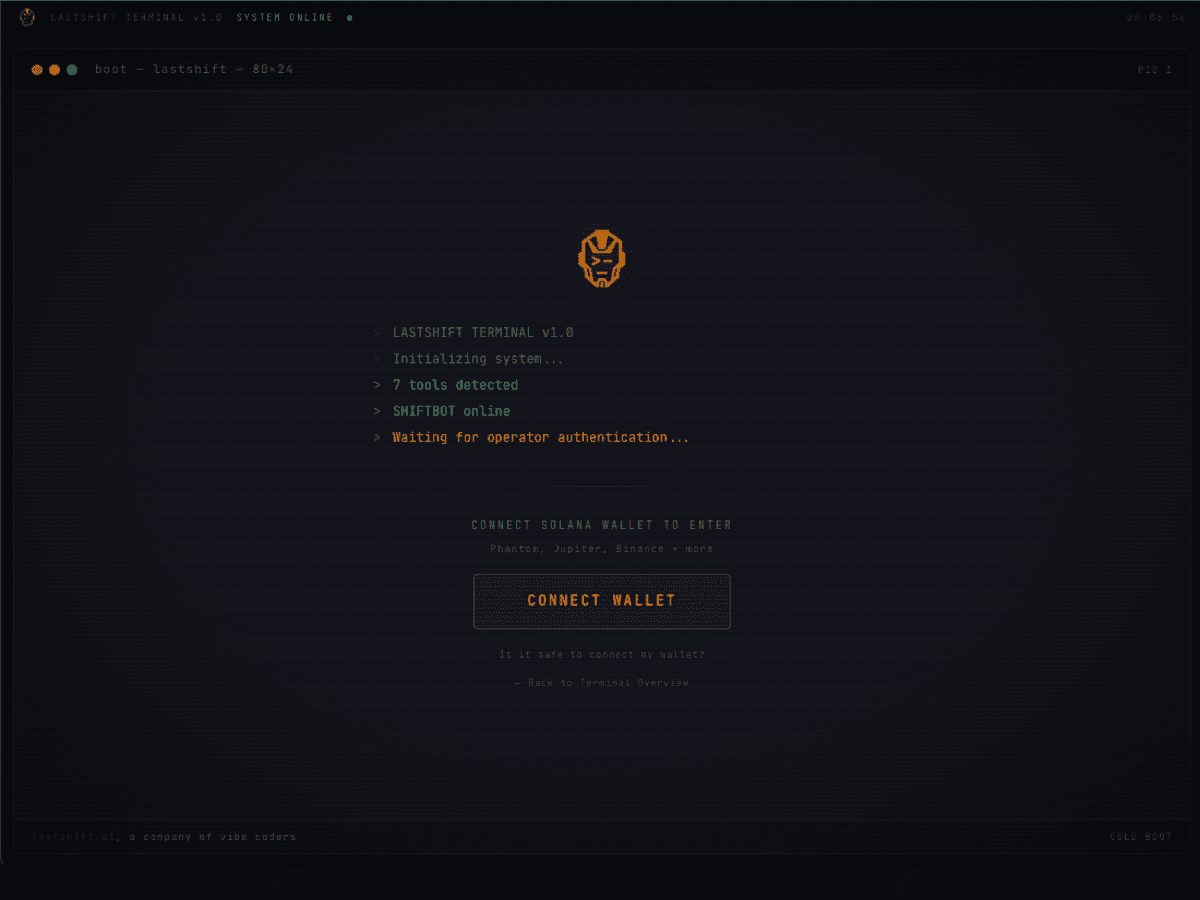 Terminal cold-boot screen with CONNECT WALLET button