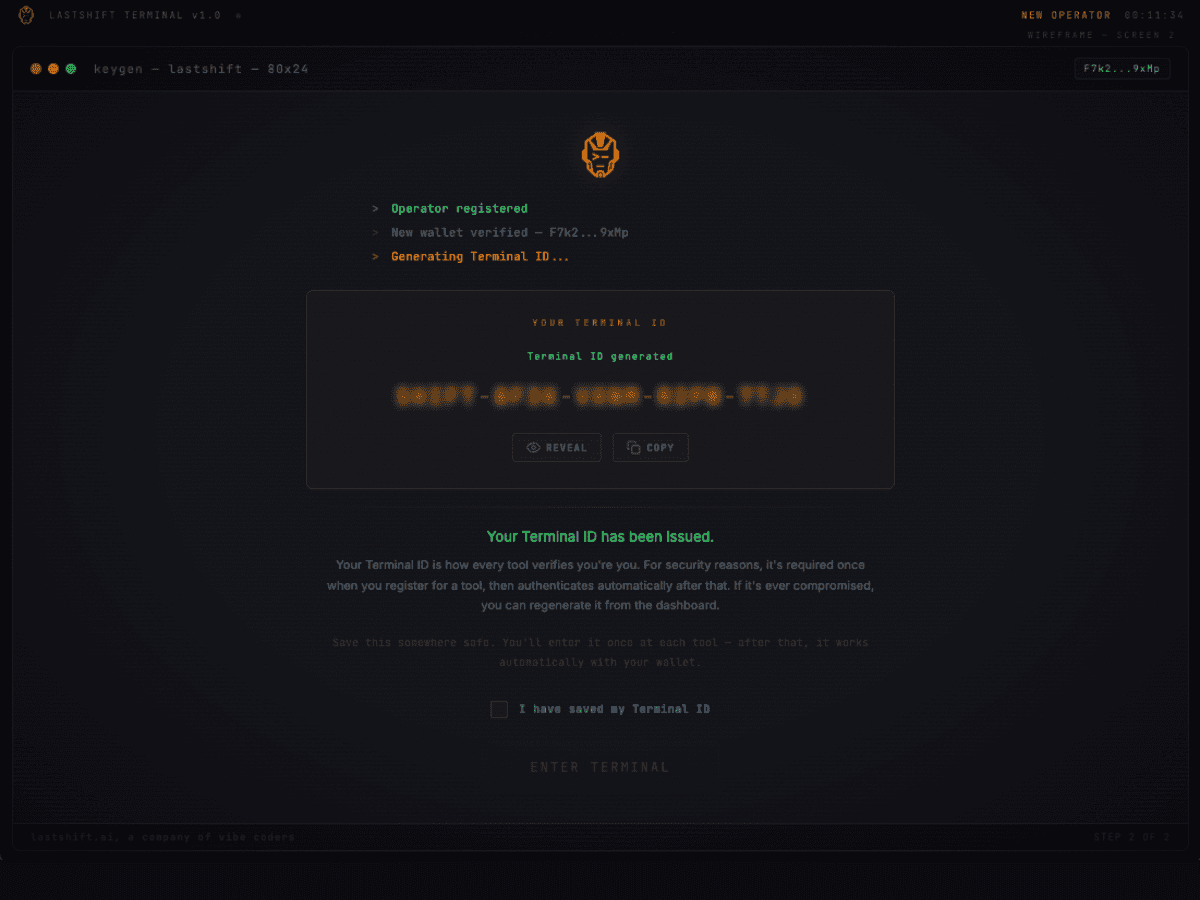 Terminal ID keygen screen showing the XXXX-XXXX-XXXX-XXXX-XXXX key