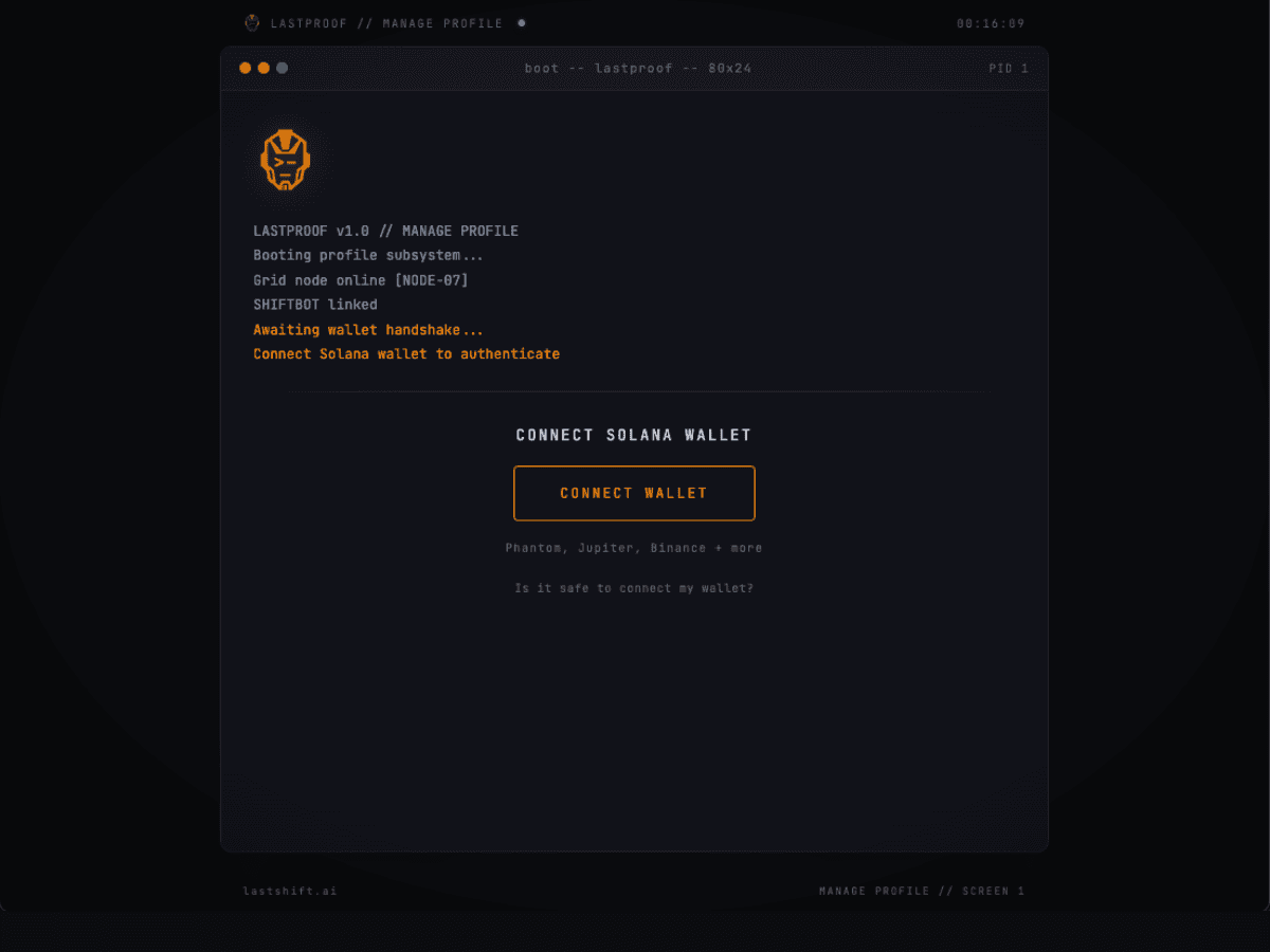 Terminal dashboard with LAUNCH LASTPROOF action highlighted in the sidebar
