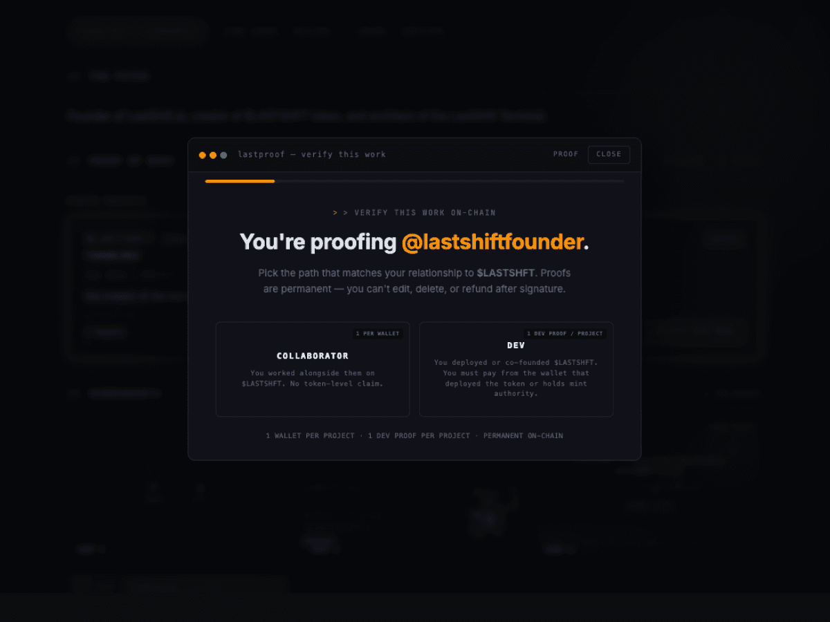 Proof modal — choose Collaborator or Dev path