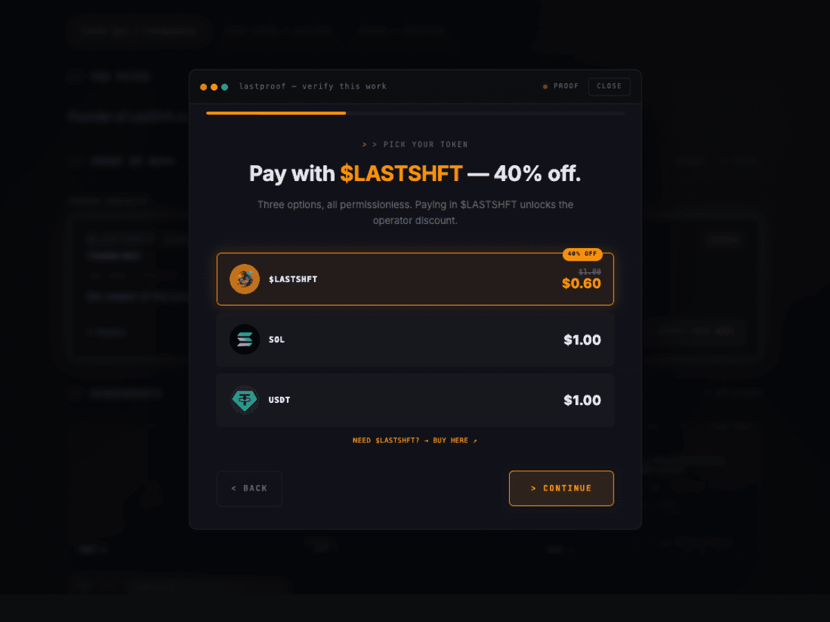 Proof modal — select payment token