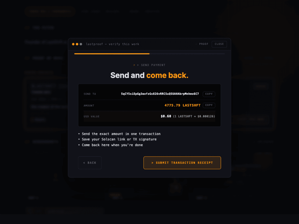 Proof modal — copy address and exact amount to send