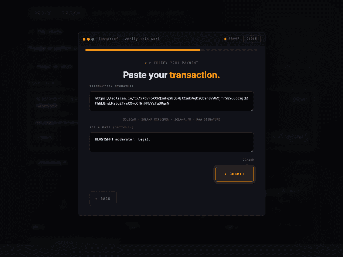 Proof modal — paste TX signature and add optional comment