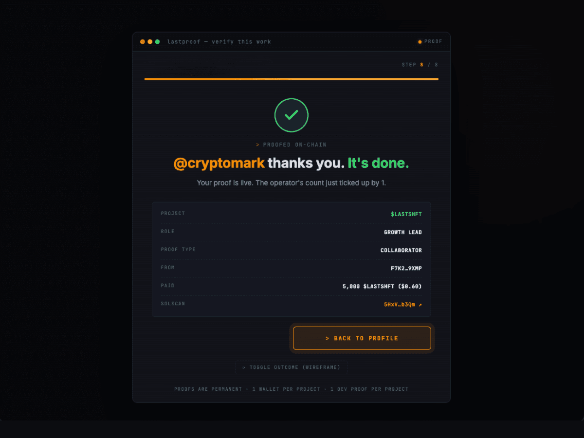 Proof modal receipt screen with verification cascade and Solscan link