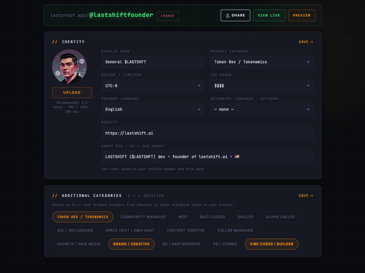 Dashboard — editing bio, pitch, and categories