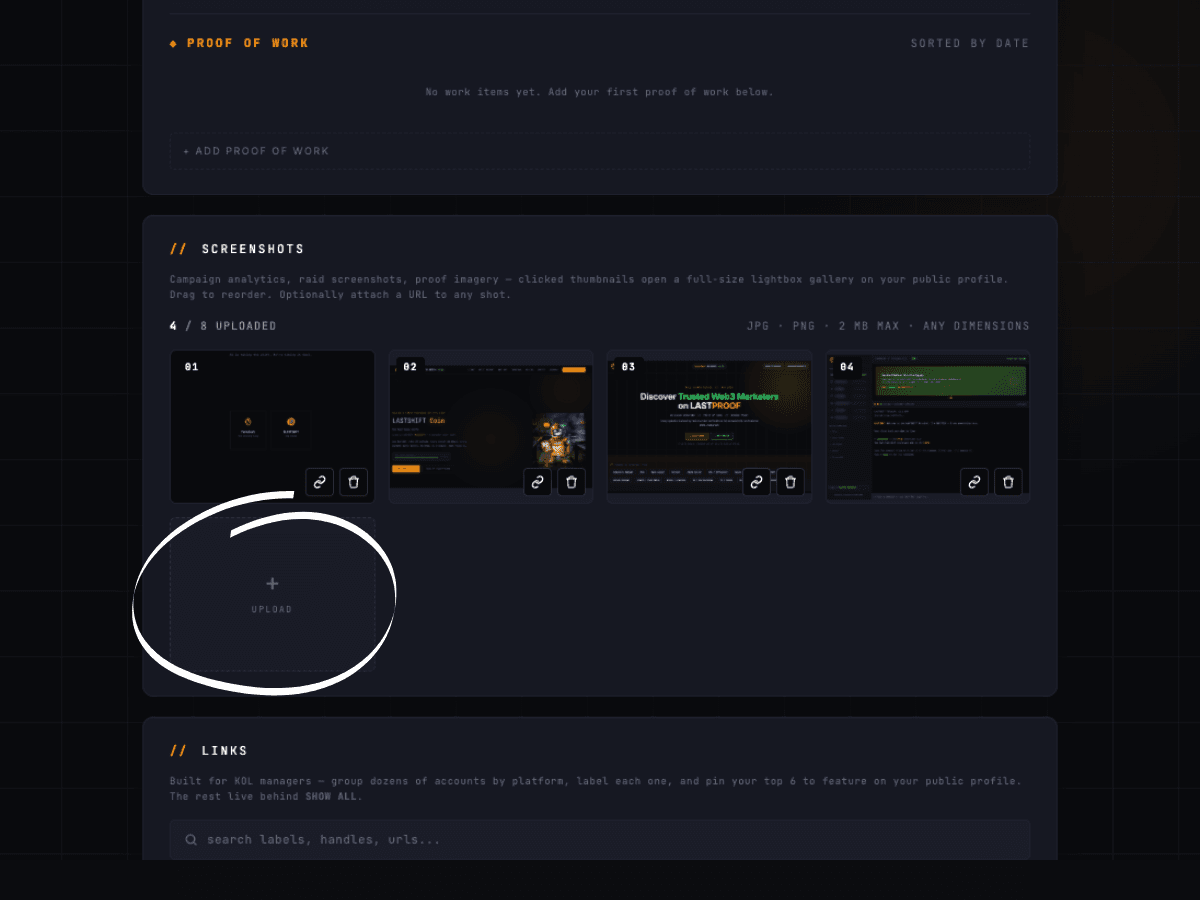 Dashboard — upload screenshots section