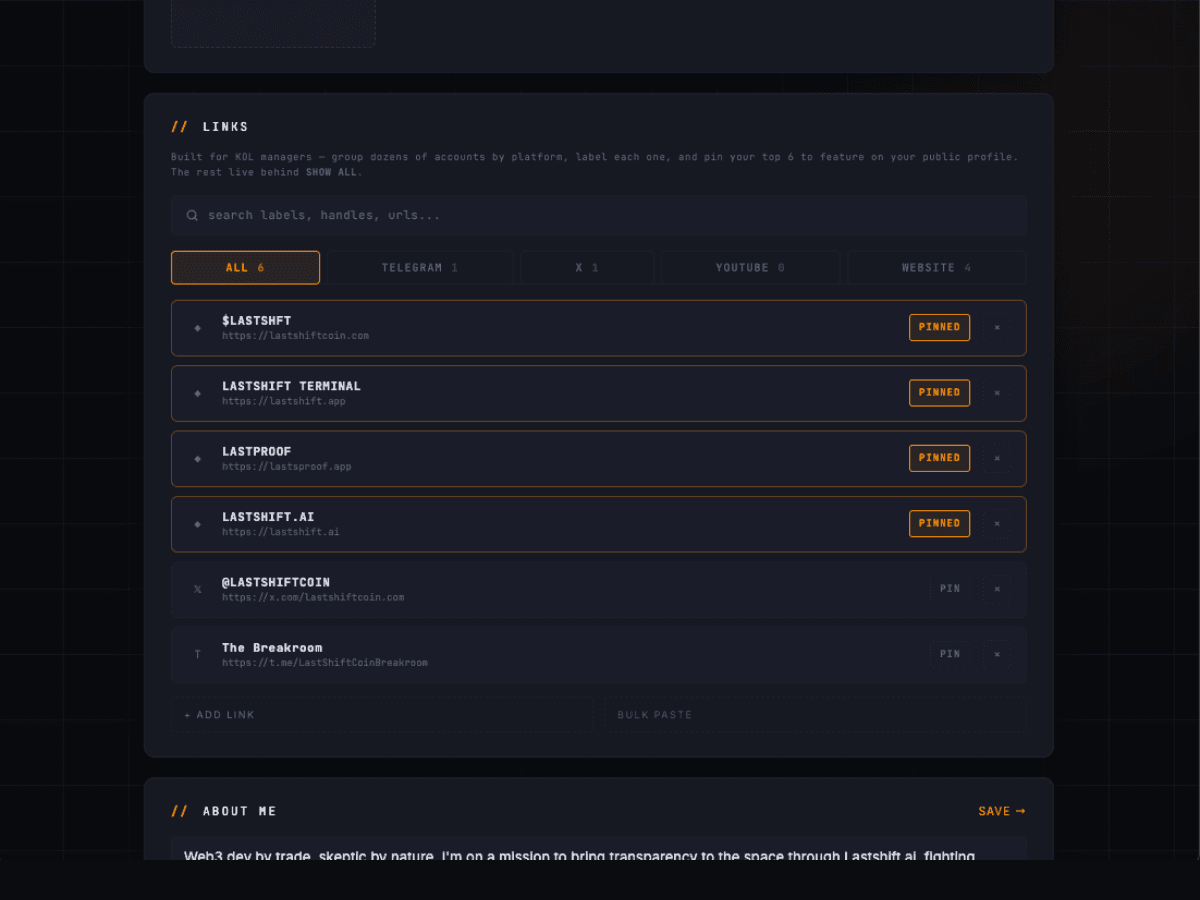 Dashboard — add links including X, Telegram, and more