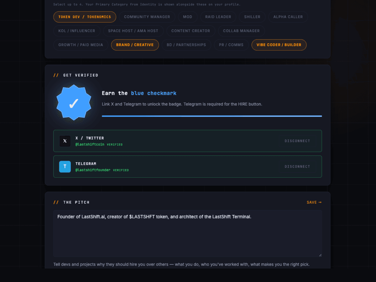 Profile with green verification badge after X and Telegram verified