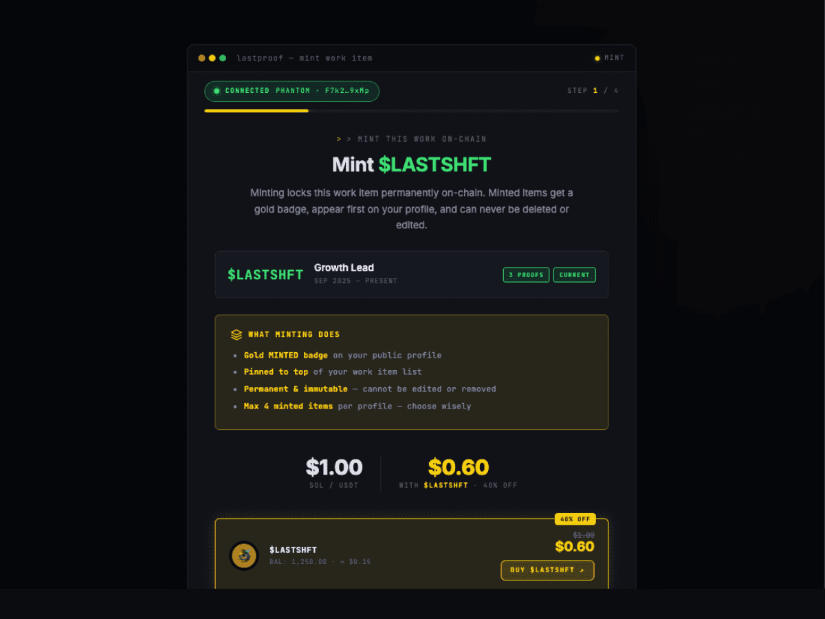 Mint modal — pay $1 to pin a work item to the top of your profile