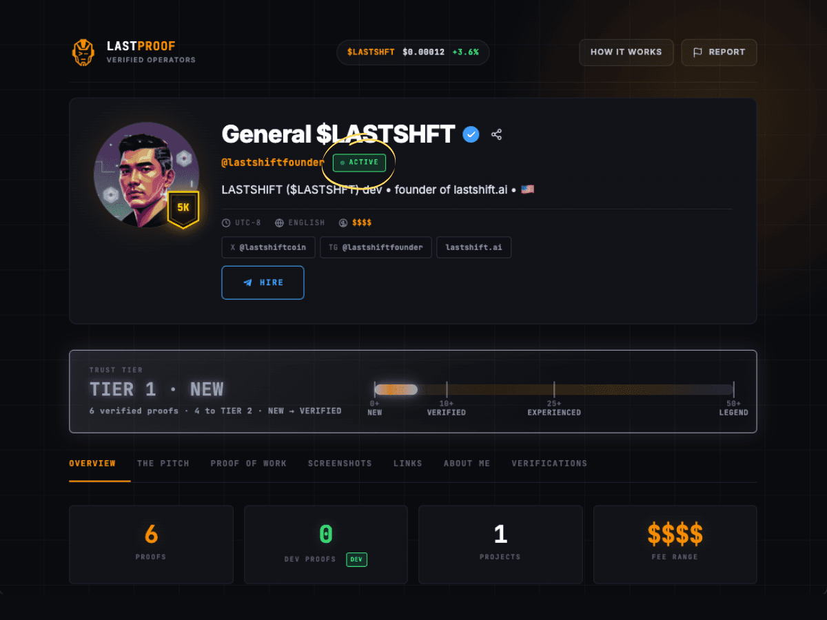 Active Paid profile — full profile with tier badge, proofs, and hire button